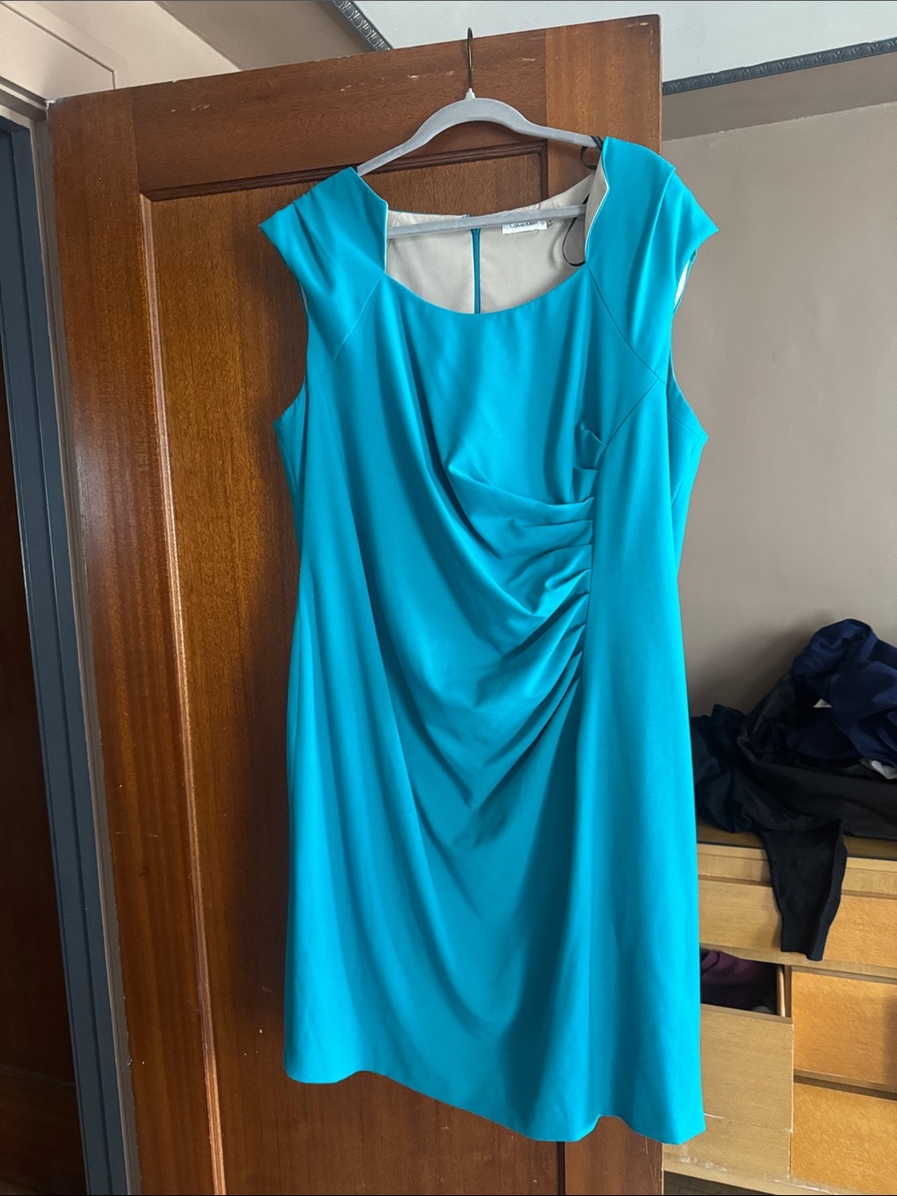 Calvin Klein Bright Turquoise Cap Sleeve Ruched Sheath Dress